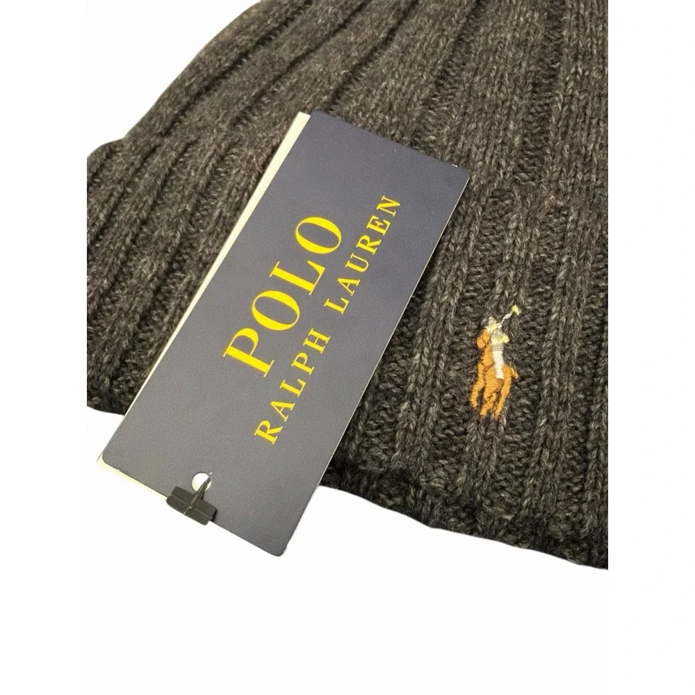 Polo Ralph Lauren Mens Grey Wool Blend Ribbed Cuff Knit Beanie Hat RL Flesh Pony